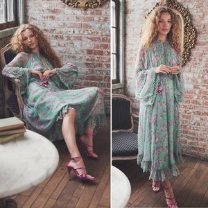 HEMANT & NANDITA Green and Pink Floral Midi Dress